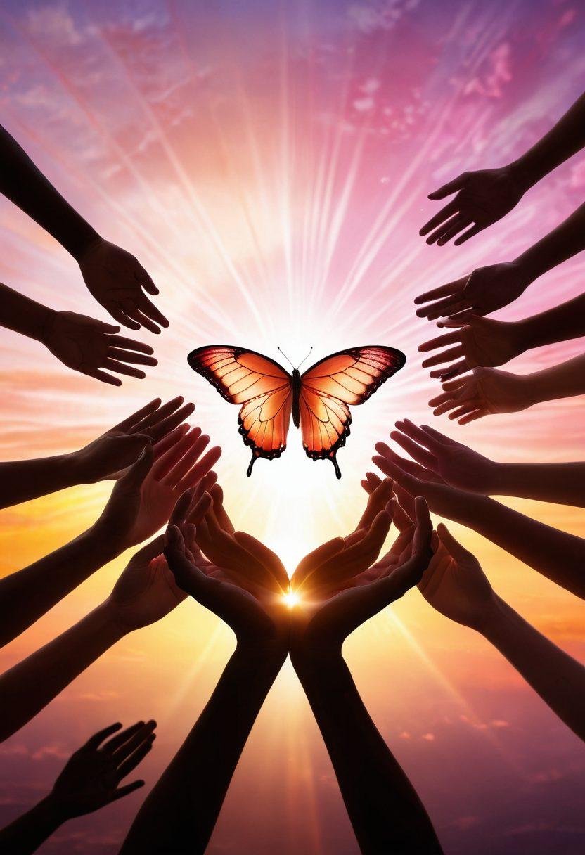 A warm, glowing heart at the center, radiating beams of light symbolizing love, devotion, and charity. Surrounding it, hands of diverse people reaching in, showcasing unity and support. The background is a serene sunset, blending warm hues of orange and pink, creating a peaceful atmosphere. Incorporate soft, ethereal elements like butterflies or doves to symbolize freedom and peace. super-realistic. vibrant colors. soft focus.