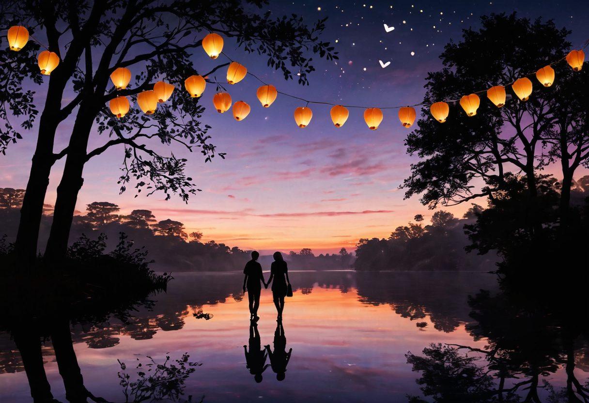 A romantic scene featuring two silhouettes holding hands, surrounded by glowing heart-shaped lanterns that float gently in a twilight sky. Soft beams of light radiate from the lanterns, symbolizing warmth, kindness, and love. A tranquil landscape with blooming flowers and a shimmering river reflects the lanterns, enhancing the intimate atmosphere. The scene evokes feelings of passion and partnership. vibrant colors. dreamy ambiance. super-realistic.