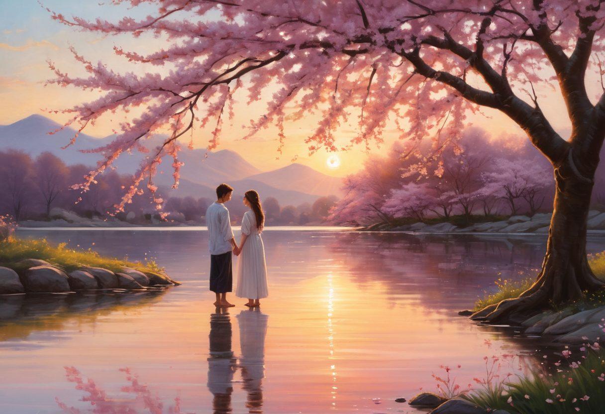 A warm, inviting scene depicting two people sharing a heartfelt moment under a blooming cherry blossom tree, their hands intertwined and glowing with a soft golden light, symbolizing the cultivation of kindness and passion in their partnership. In the background, a serene lake reflects the soft hues of dusk, filled with gentle ripples that mirror their connection. The atmosphere is filled with floating petals and whimsical details, invoking a sense of tranquility and love. painting. vibrant colors. soft focus.